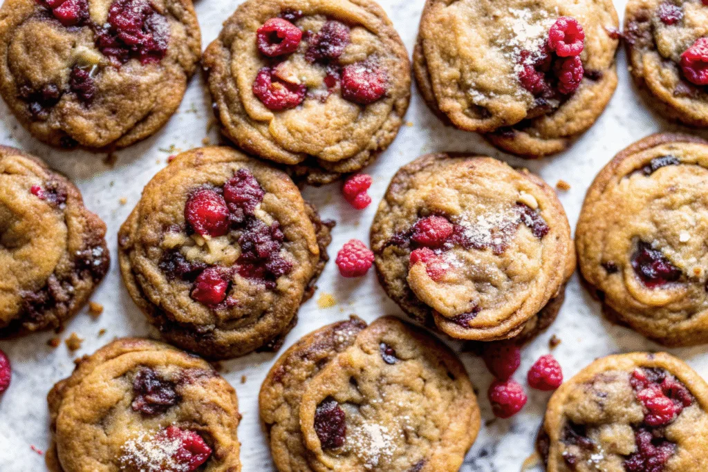 Freshly baked Raspberry Chocolate Chunk Cookies with visible raspberries and chocolate chunks