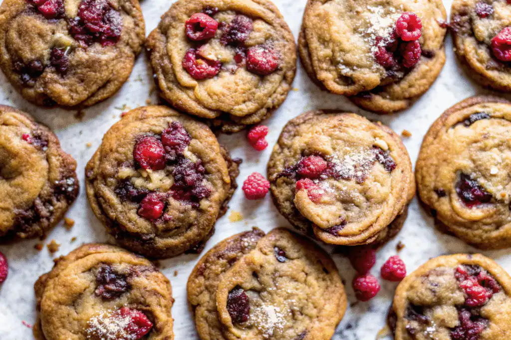 Freshly baked Raspberry Chocolate Chunk Cookies with visible raspberries and chocolate chunks