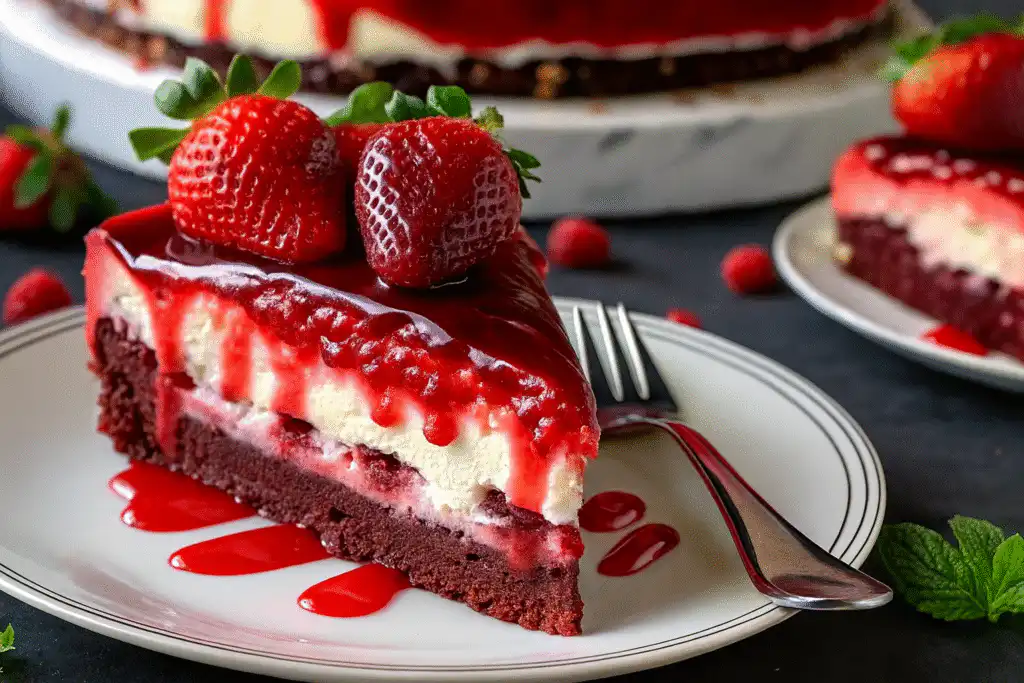 A slice of red velvet strawberry cheesecake topped with fresh strawberries and drizzled with vibrant strawberry sauce on a white plate.