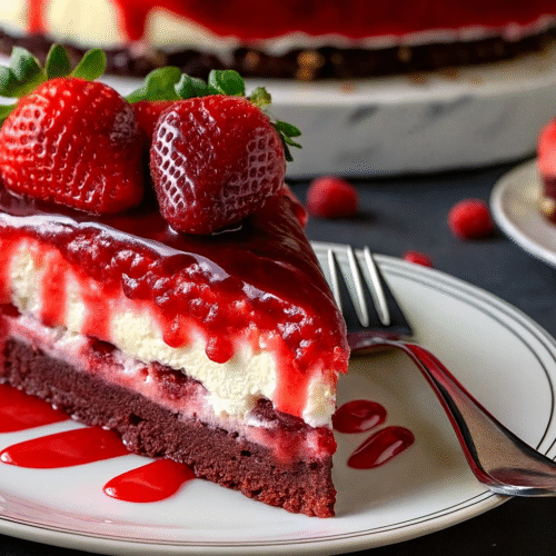A slice of red velvet strawberry cheesecake topped with fresh strawberries and drizzled with vibrant strawberry sauce on a white plate.