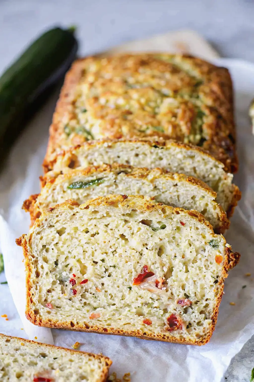 savory-cheddar-zucchini-bread-loaf-sliced Close-up of savory cheddar zucchini bread loaf sliced on parchment, showing moist crumb with zucchini flecks and melted cheddar.