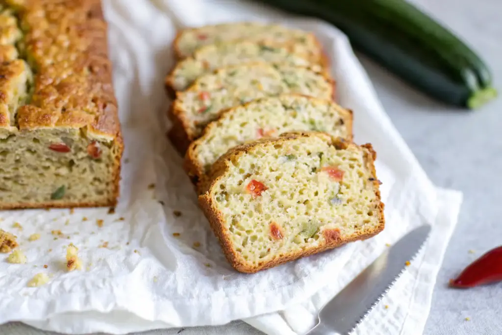 Sliced savory cheddar zucchini bread on a white cloth with golden crust and moist cheesy crumb filled with zucchini and red pepper.