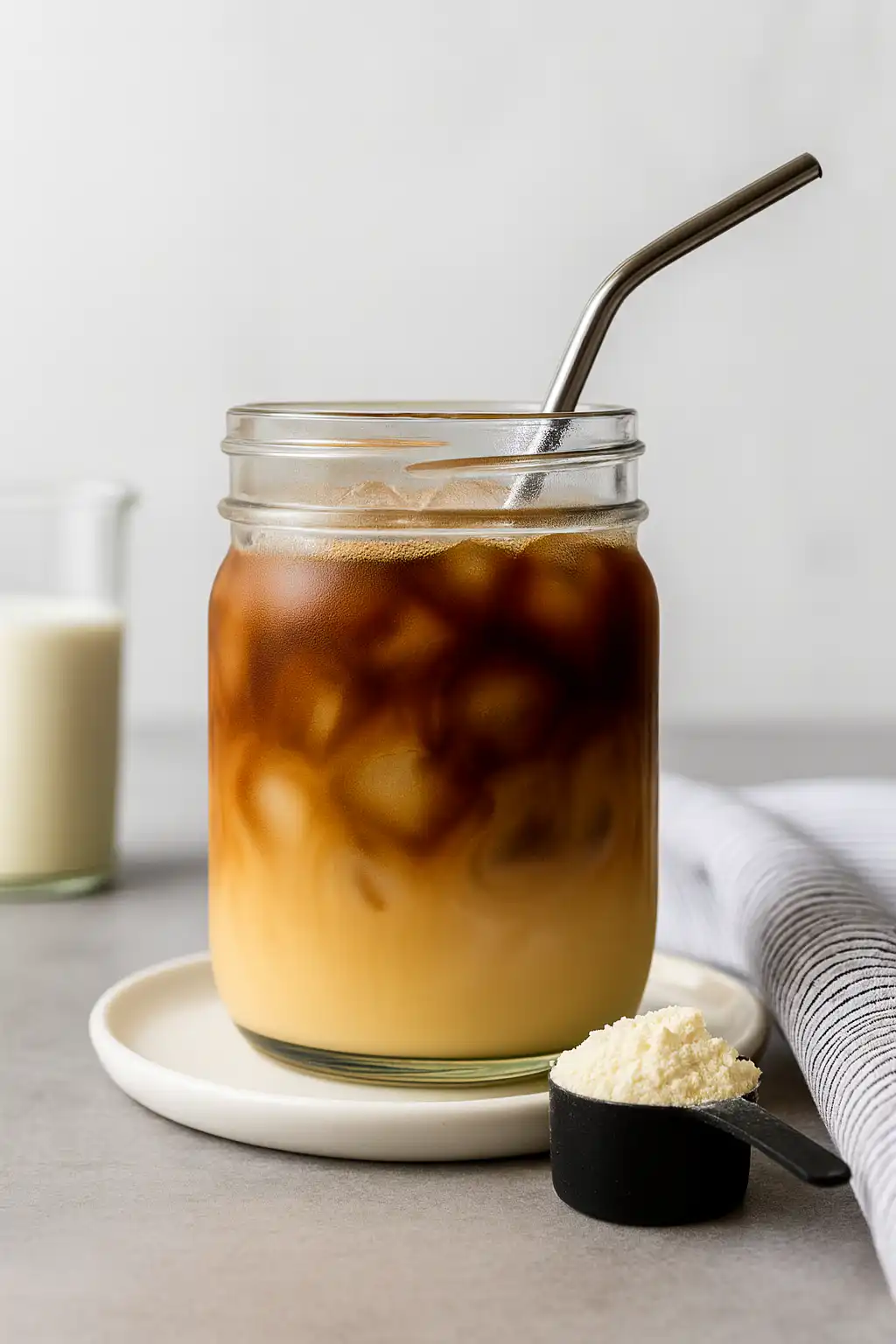 Served protein coffee in a glass with straw on a plate