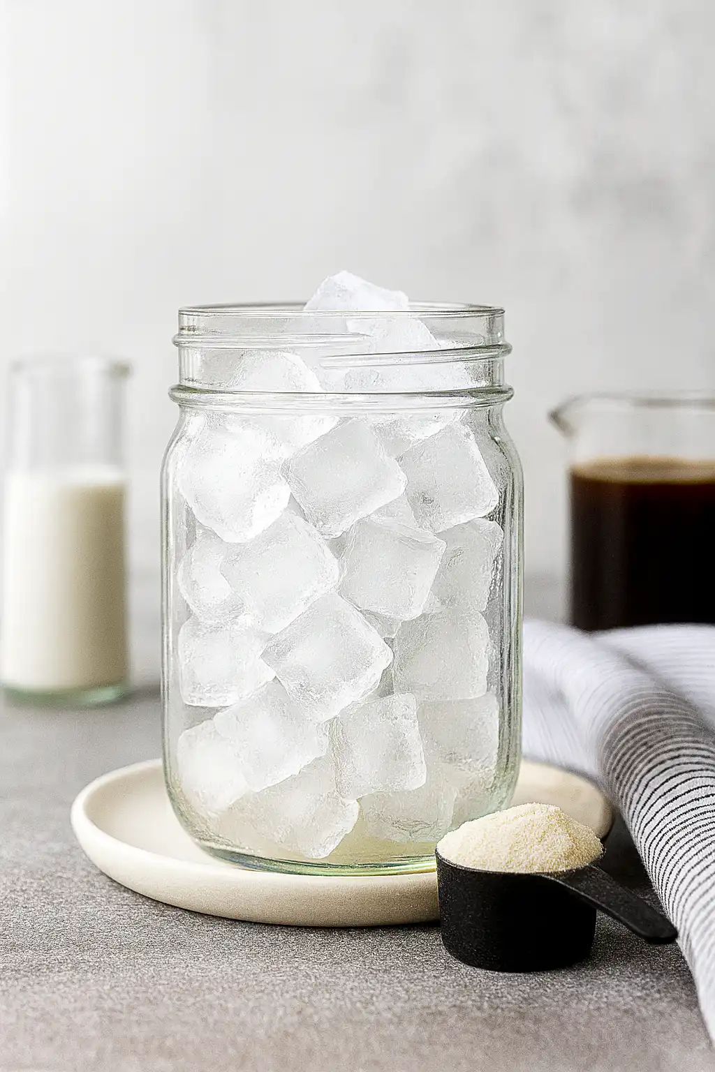 Glass filled with ice cubes for protein coffee recipe