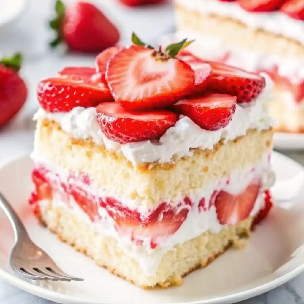 Layered strawberry shortcake with whipped cream and fresh strawberries served on a white plate.
