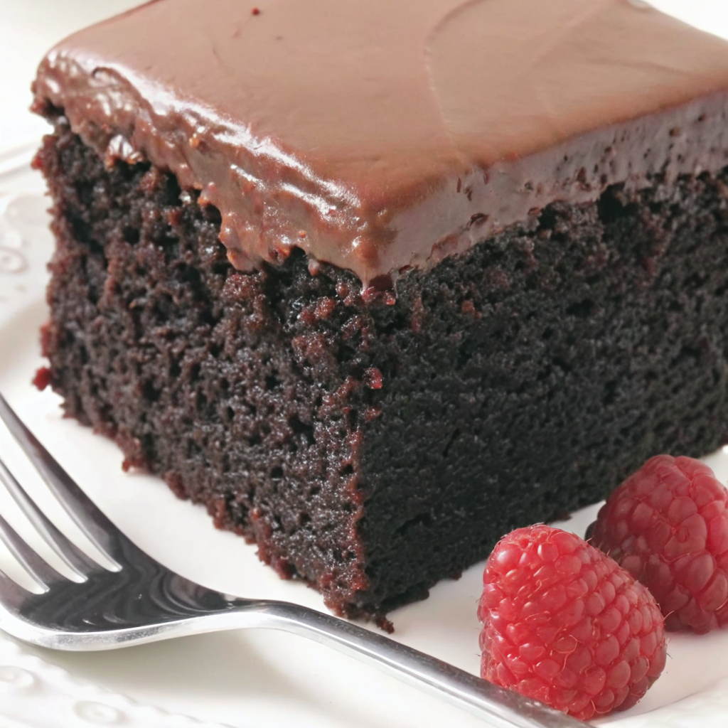 Thick slice of moist chocolate cake with creamy frosting and fresh raspberries