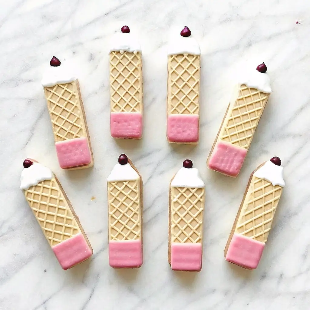 wafer-pencil-cookies-finished Adorable wafer pencil cookies decorated with pink chocolate erasers, white chocolate tips, and mini chocolate chip pencil leads on a marble background – fun back to school snack.