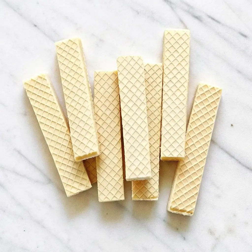 wafer-pencil-cookies-step2-cut-shape Plain rectangular vanilla wafer cookies arranged on a marble background – perfect base for making wafer pencil cookies.