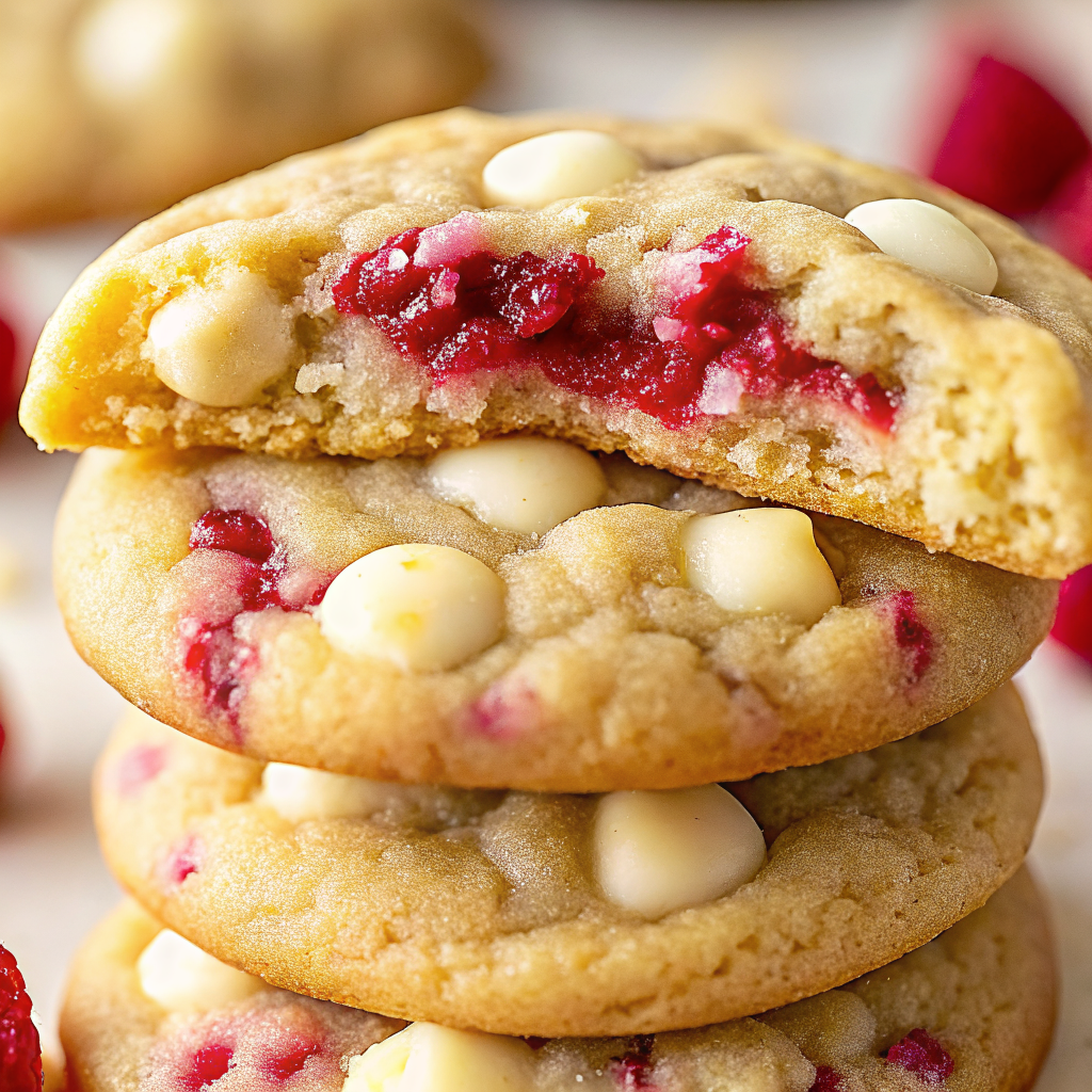 stack of white chocolate raspberry cookies with top cookie broken to show juicy raspberries inside