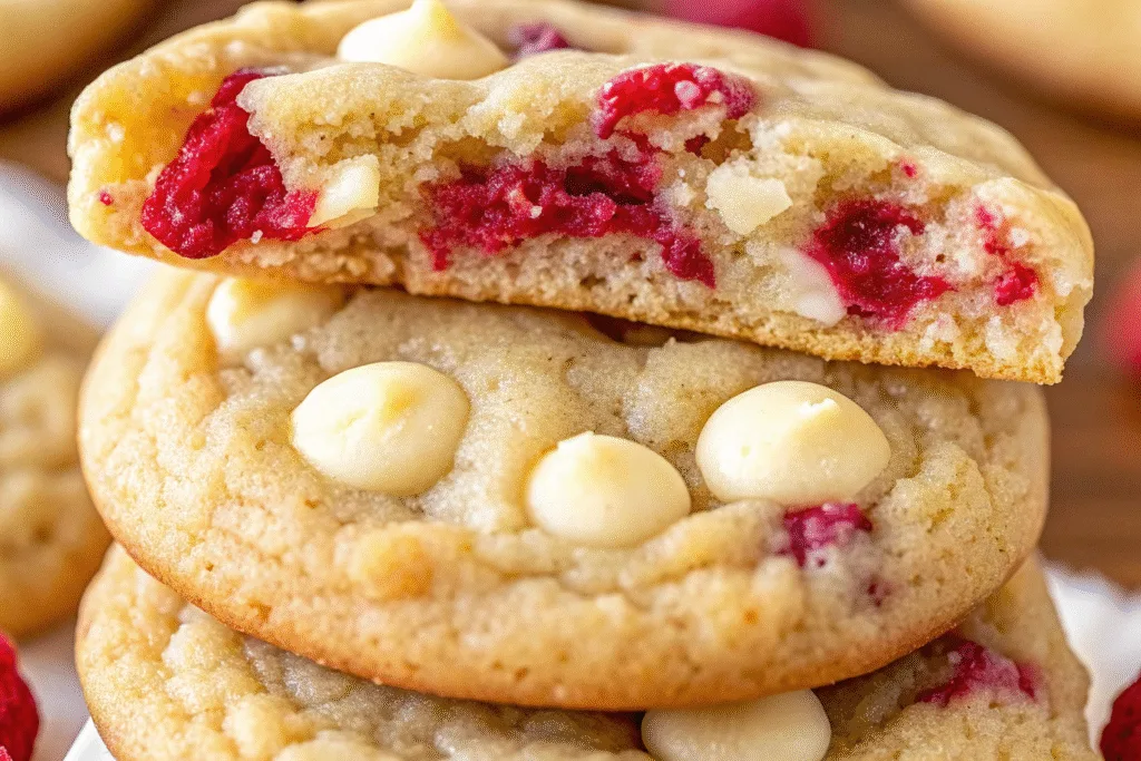 white chocolate raspberry cookie broken in half showing gooey raspberries and creamy white chocolate