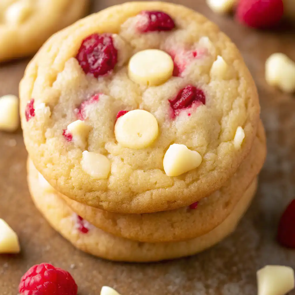 stack of white chocolate raspberry cookies with white chocolate chunks and fresh raspberries Filename: white-chocolate-raspberry-cookies-stack