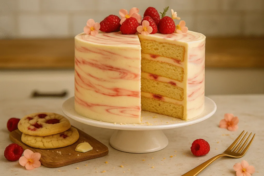 Tall white chocolate raspberry cake with marbled pink swirls, topped with fresh raspberries and flowers, on a white cake stand with cookies and gold fork.