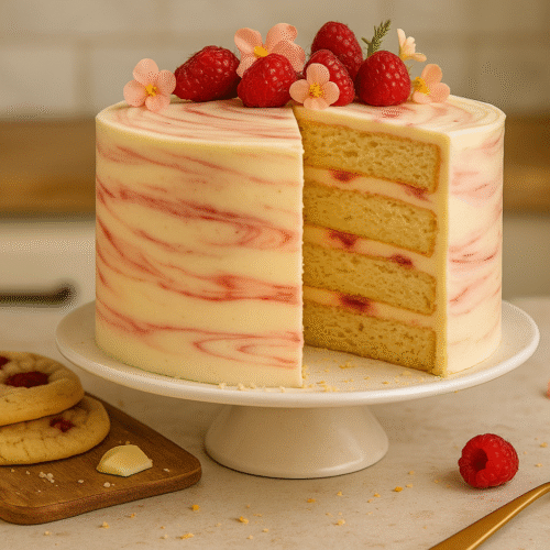 White Chocolate Raspberry Dream Cake – Elegant Celebration Dessert White Chocolate Raspberry Dream Cake Tall white chocolate raspberry cake with marbled pink swirls, topped with fresh raspberries and flowers, on a white cake stand with cookies and gold fork.