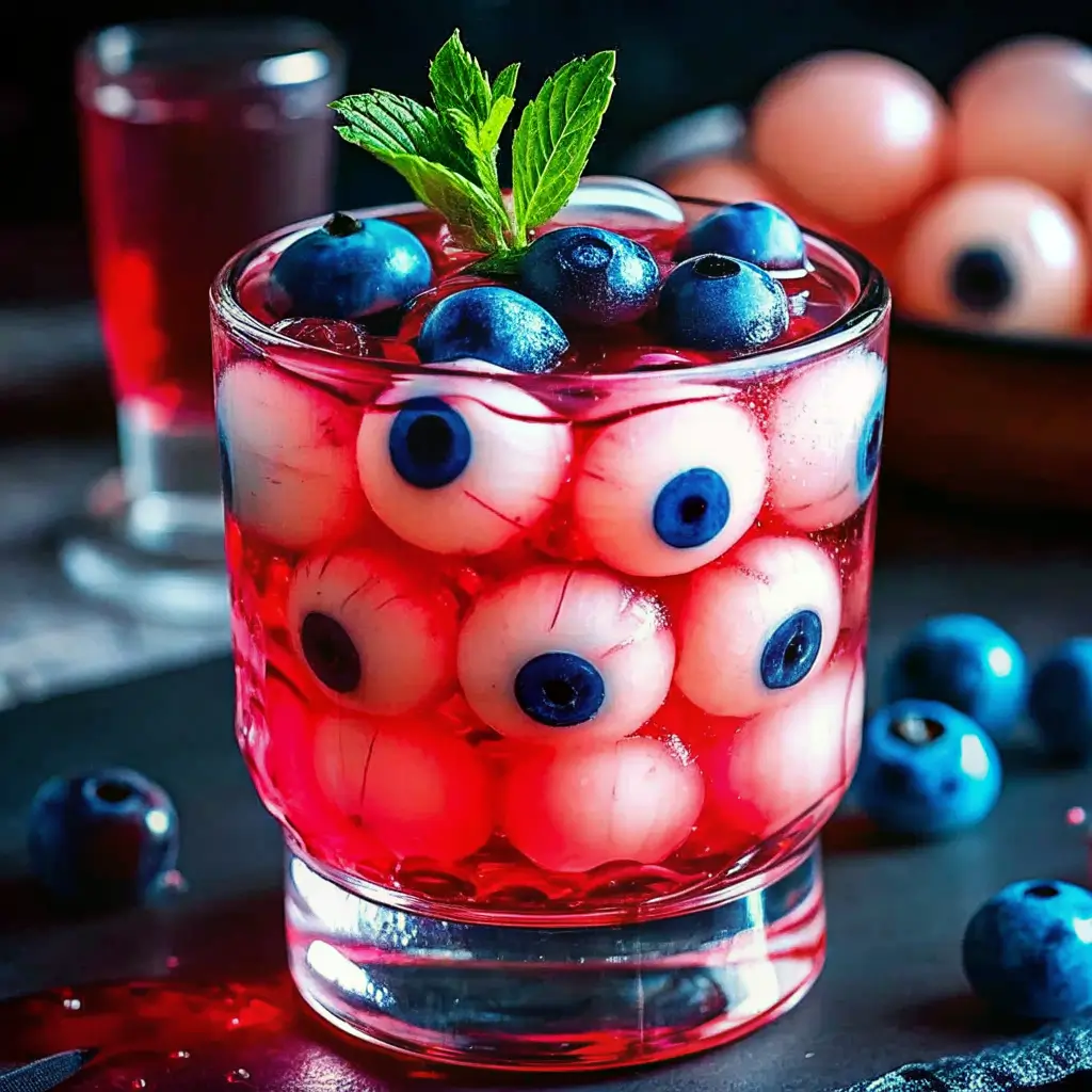 bloody-punch-halloween-drink Halloween “bloody” punch in a glass filled with lychee and blueberry eyeballs, a creepy drink for spooky movie night.