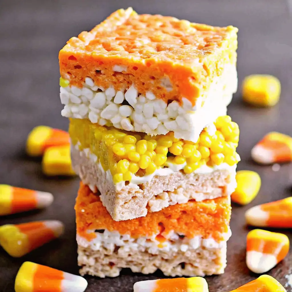 candy-corn-rice-krispies-halloween-treat Stack of candy corn Rice Krispies treats with orange, yellow, and white layers, surrounded by candy corn pieces on a dark surface.