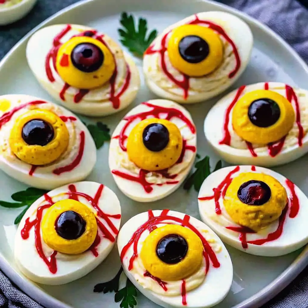 eyeball-deviled-eggs-halloween-appetizer Halloween eyeball deviled eggs topped with black olives and red food coloring veins, arranged on a white plate with parsley garnish.