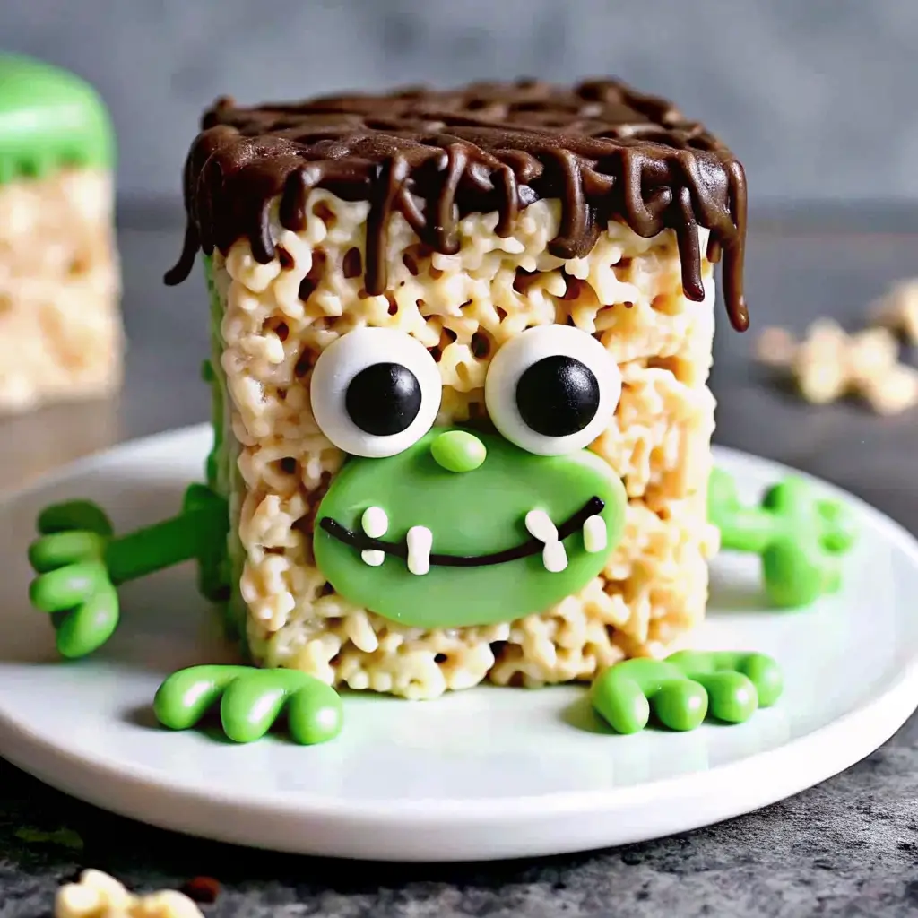 frankenstein-rice-krispies-halloween-treats Halloween Frankenstein Rice Krispies treat decorated with green icing, candy eyes, and chocolate hair, served on a white plate.