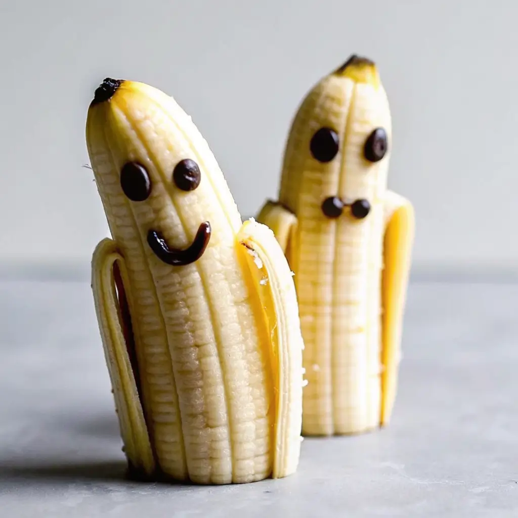 ghost-bananas-halloween-snack Halloween ghost bananas decorated with chocolate chip eyes and mouths, standing upright on a gray surface.