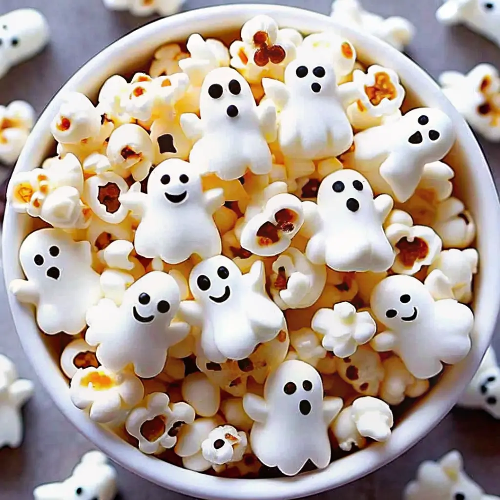 ghost-popcorn-halloween-snack Bowl of Halloween ghost popcorn topped with white chocolate ghost shapes and candy eyes, a fun and easy Halloween movie night snack.