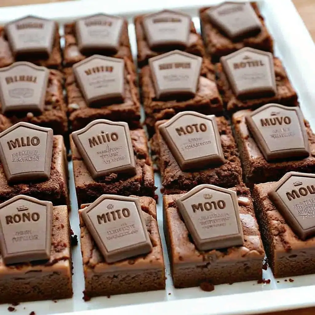 graveyard-brownies-halloween-dessert Halloween graveyard brownies topped with chocolate tombstone decorations, arranged on a white serving tray.