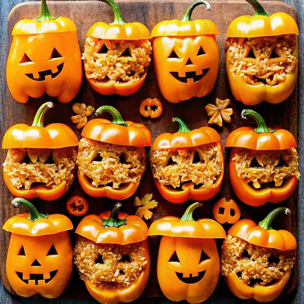 jack-o-lantern-stuffed-peppers-halloween-dinner Halloween jack-o’-lantern stuffed peppers carved with spooky faces and filled with seasoned rice, arranged on a wooden board.