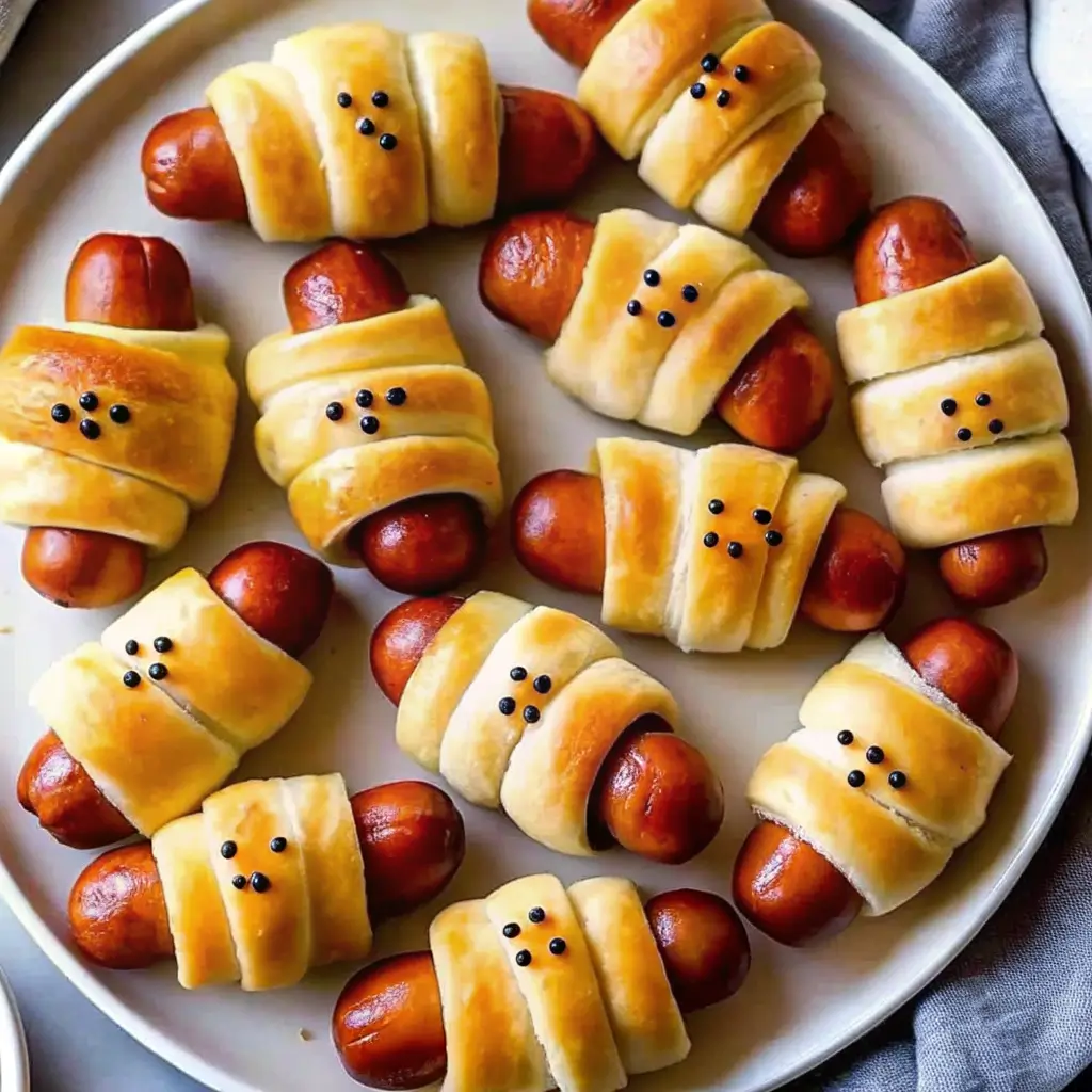 mummy-hot-dogs-halloween-snack Halloween mummy hot dogs wrapped in golden crescent roll dough with candy eyes, served on a white plate for a spooky movie night snack.
