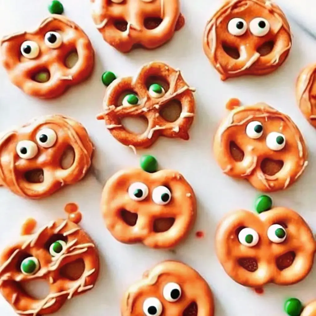 pumpkin-pretzels-halloween-snack Pumpkin-shaped pretzels dipped in orange candy melts with green candy stems and candy eyes, a fun Halloween snack for kids and adults.