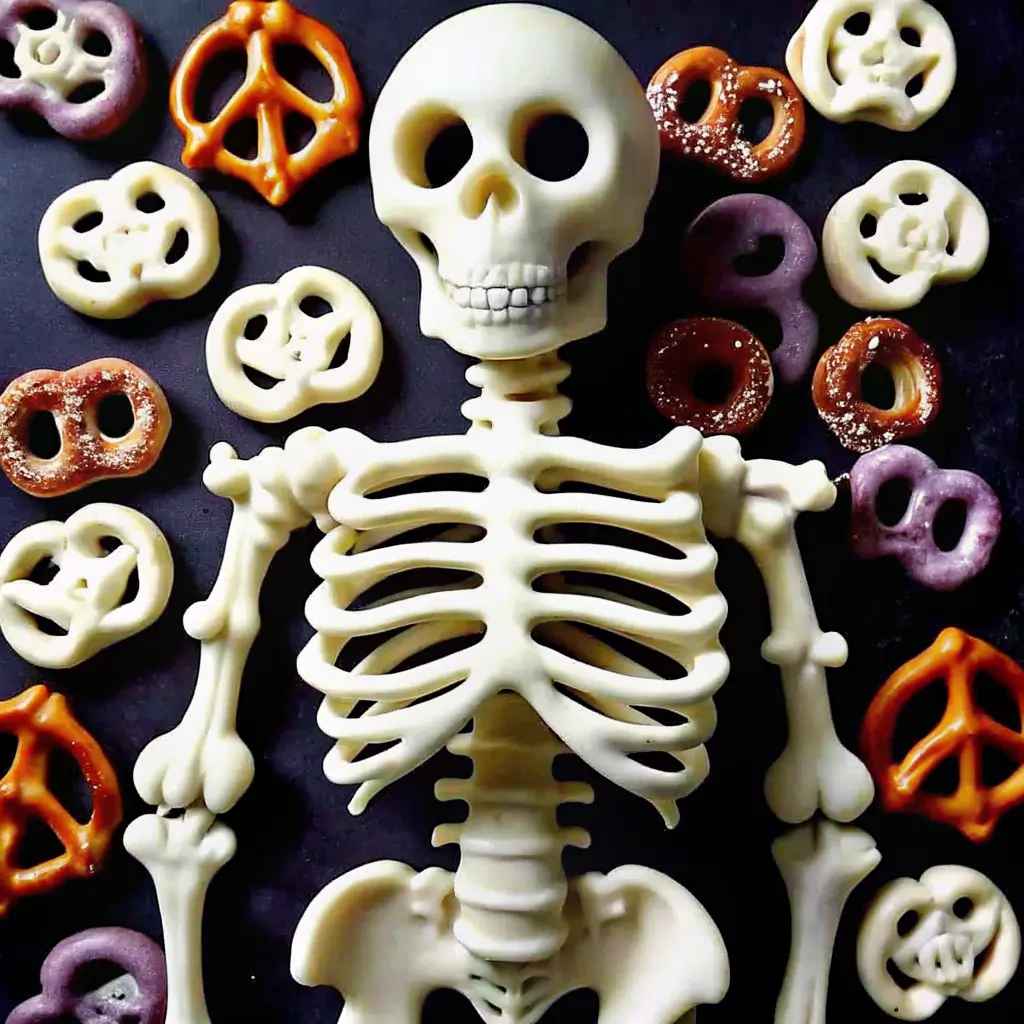 skeleton-bone-pretzels-halloween-snack Halloween skeleton bone pretzels dipped in white chocolate and arranged with a skeleton decoration for a spooky snack platter.