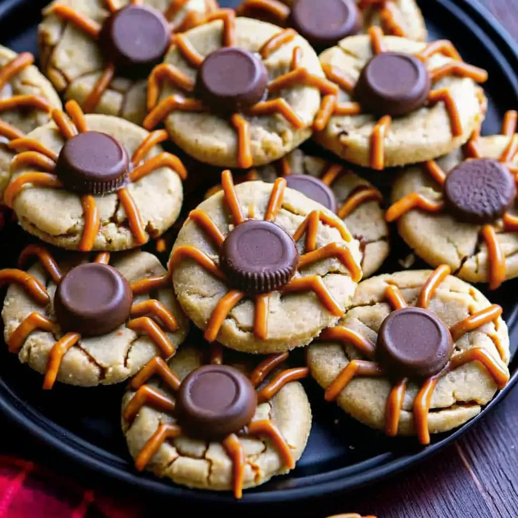 spider-cookies-halloween-treat Peanut butter spider cookies topped with chocolate candies and piped icing legs, served on a black plate for a spooky Halloween treat.