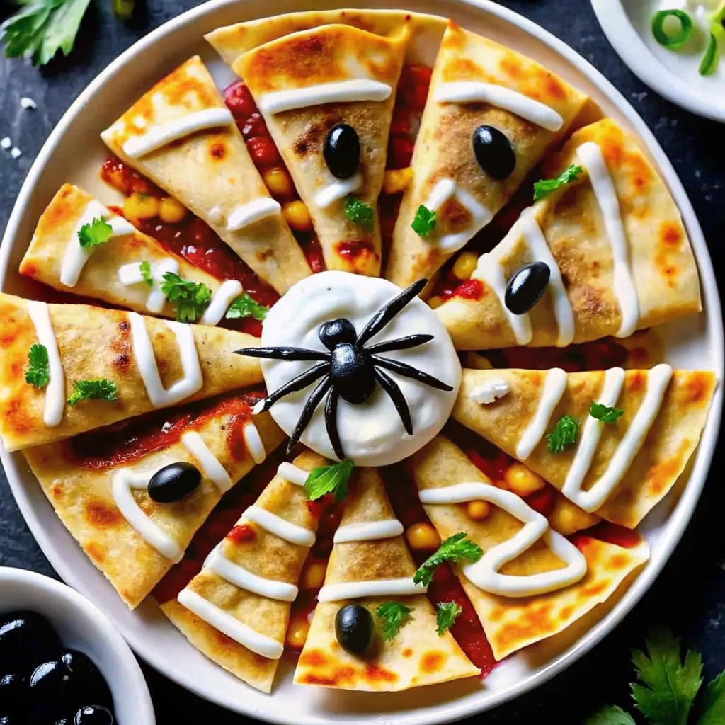 spiderweb-pizza-halloween-snack Halloween spiderweb pizza topped with sour cream webs and black olive spiders, served with salsa and cheese on a white plate.