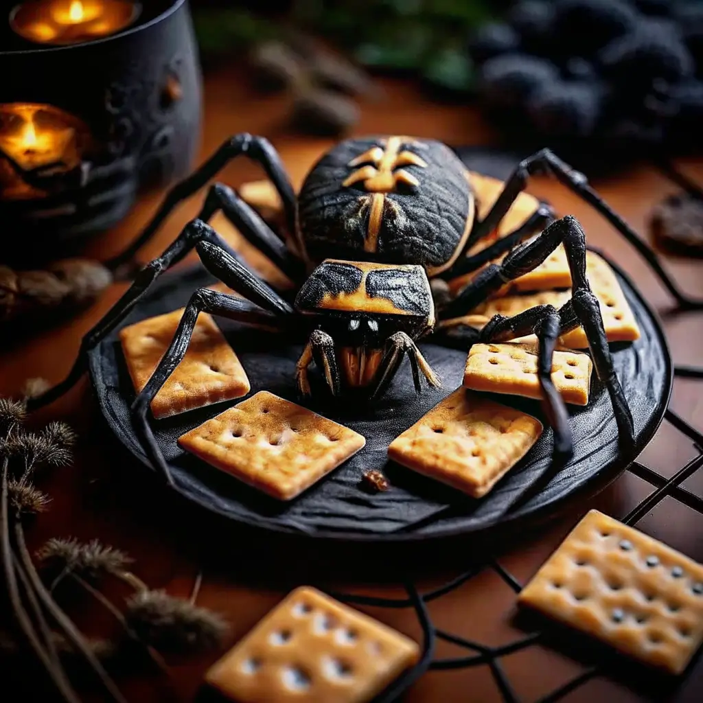 spooky-spider-crackers-halloween-snack Halloween spooky spider crackers arranged on a black plate with cheese crackers and a realistic edible spider centerpiece.