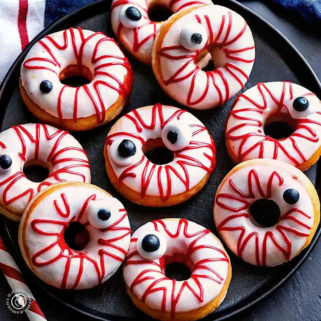 vampire-donuts-halloween-treat Halloween vampire donuts decorated with white icing, red blood-like drizzle, and candy eyeballs, served on a black plate.