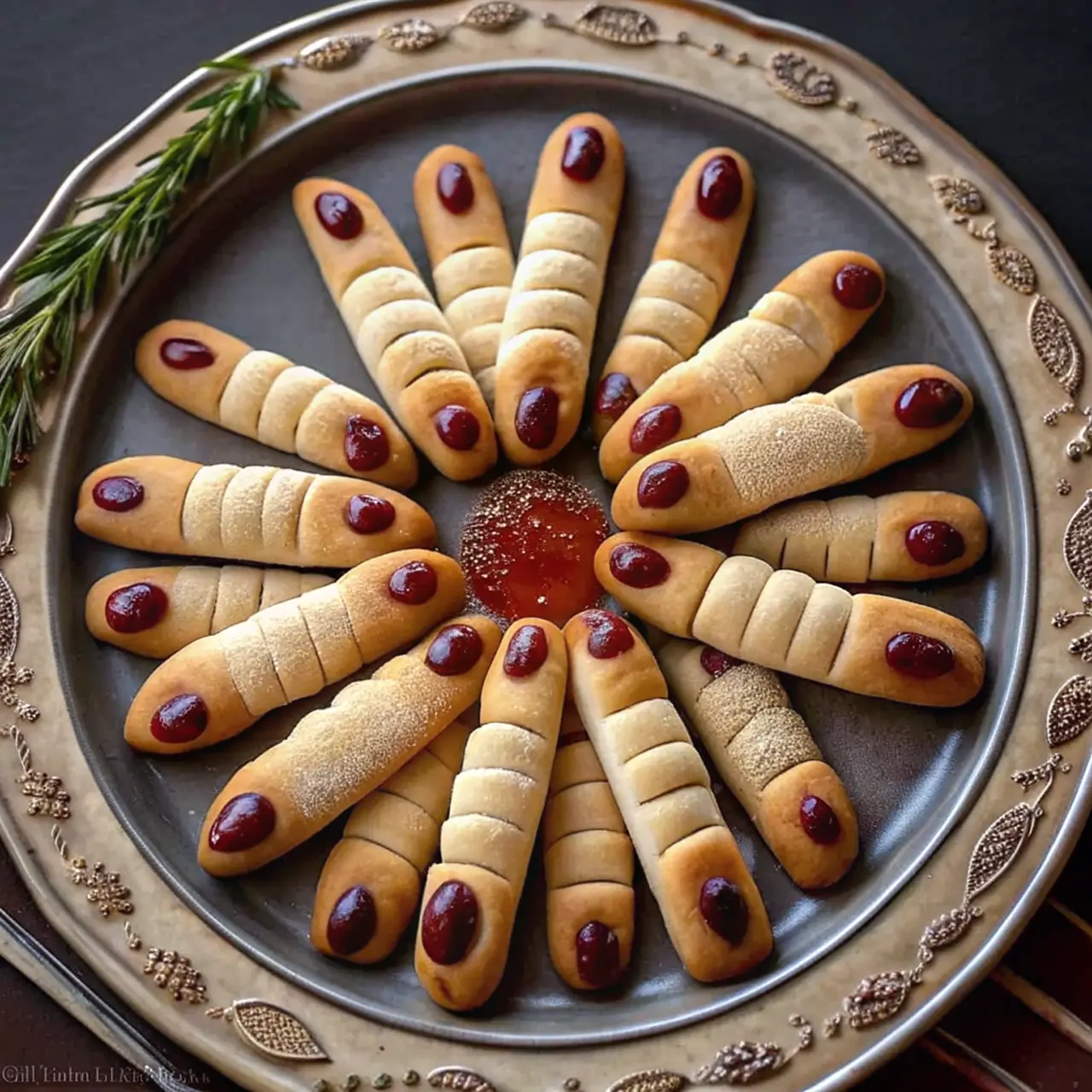 witch-finger-cookies-halloween-snack Halloween witch finger cookies arranged on a silver platter, made with almond nails and red jam for a spooky movie night treat.