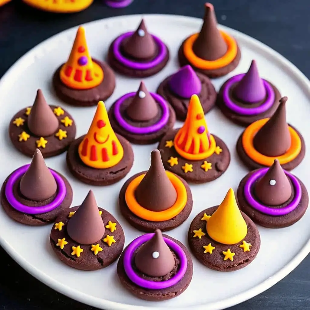witch-hat-cookies-halloween-treat Halloween witch hat cookies made with chocolate cookies, colorful icing, and Hershey’s Kisses, served on a white plate.