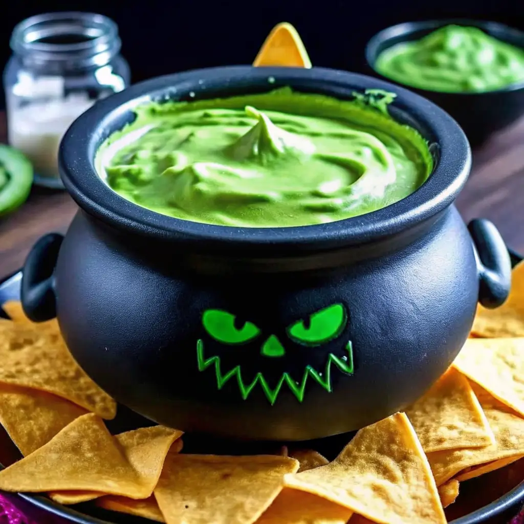 witchs-brew-dip-halloween-snack Halloween witch’s brew guacamole dip served in a spooky black cauldron with tortilla chips on the side.