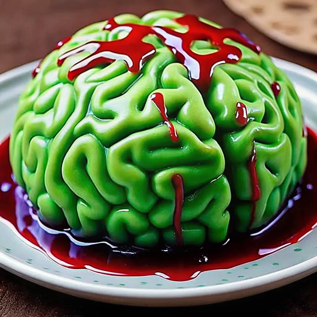 zombie-brain-jello-halloween-dessert Green zombie brain Jello dessert shaped like a brain and topped with dripping red syrup, served on a white plate for Halloween.