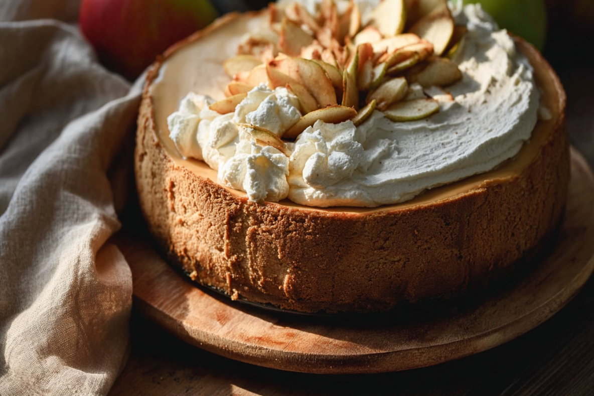 Apple cider cheesecake with a thick, golden graham cracker crust, topped with swirls of whipped cream and thinly sliced apples, displayed on a wooden platter.