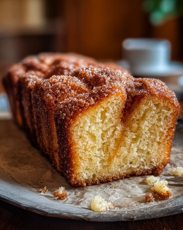 Apple Cider Donut Loaf A loaf of apple cider donut bread with a crisp, cinnamon-sugar coating, sliced to reveal its moist and fluffy interior, sitting on parchment paper with a few crumbs around.