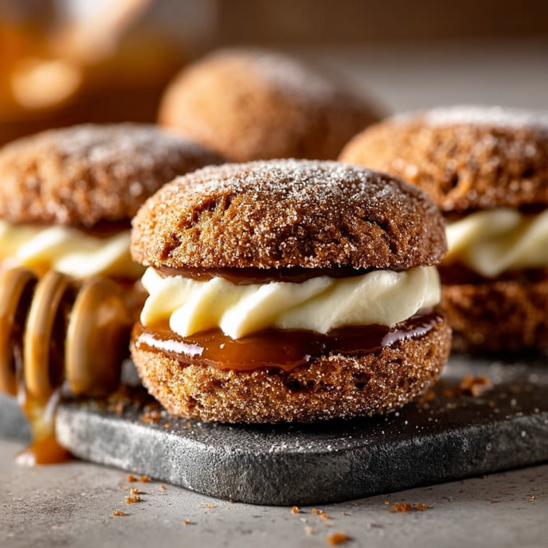 Apple cider whoopie pies filled with creamy frosting and gooey caramel, dusted with powdered sugar and displayed on a slate serving board.