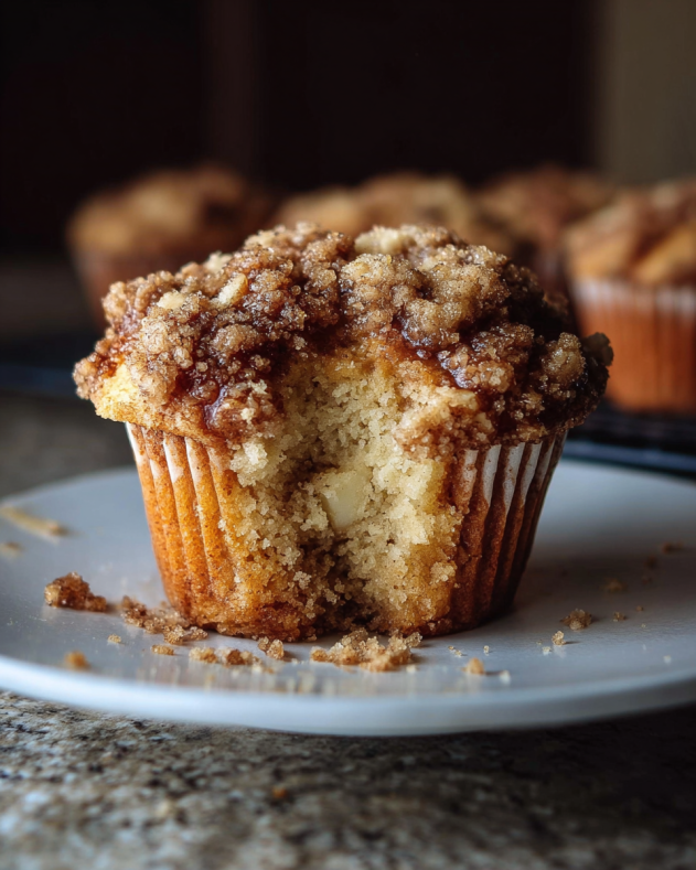 Apple Cinnamon Streusel Muffins Moist apple cinnamon streusel muffin topped with buttery crumble and cinnamon sugar, with a bite showing its soft, fluffy inside.