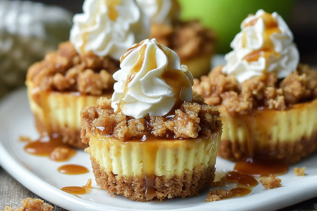 Mini apple crisp cheesecakes topped with whipped cream and drizzled caramel, featuring a crumbly oat topping and golden crust, displayed on a white plate.
