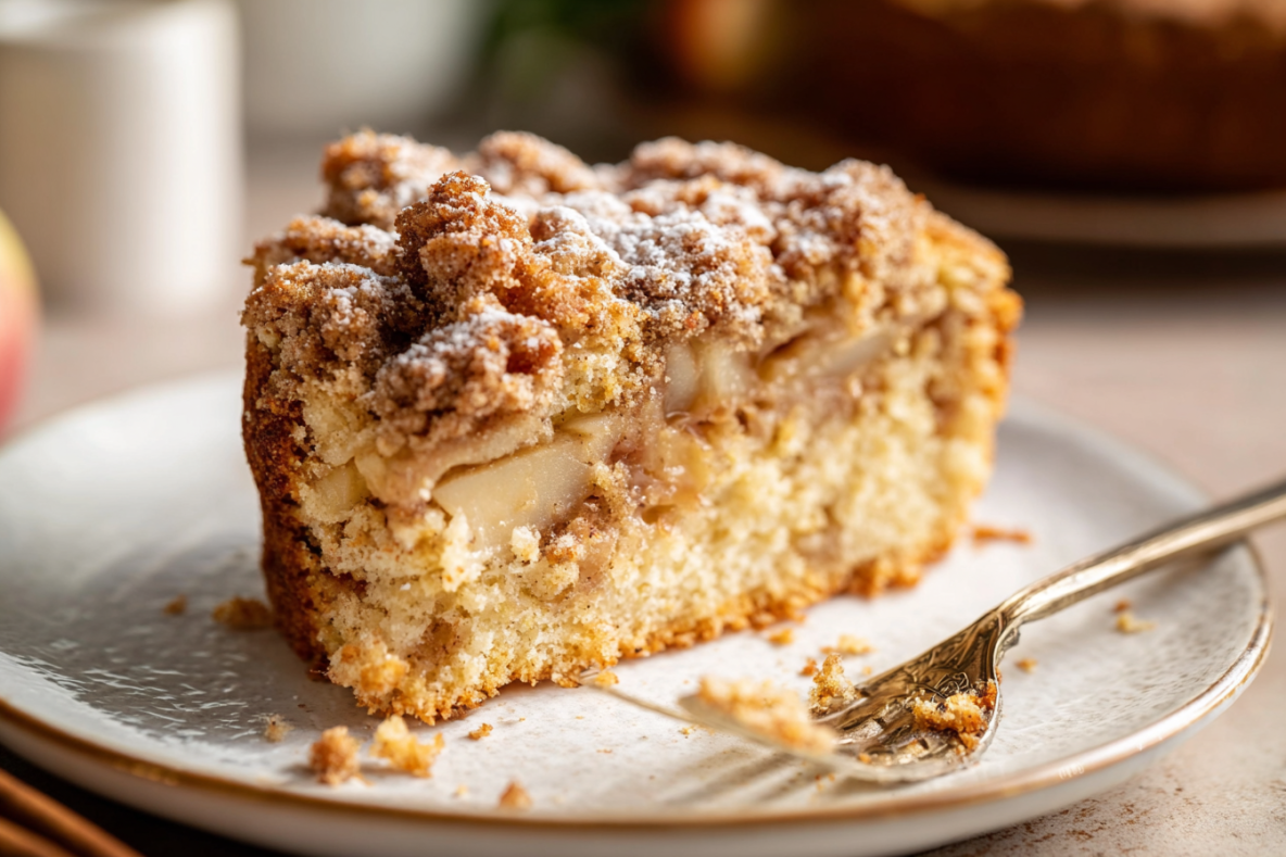 A slice of apple crumb cake with a golden streusel topping, powdered sugar, and tender chunks of apple, served on a white plate with a vintage fork.