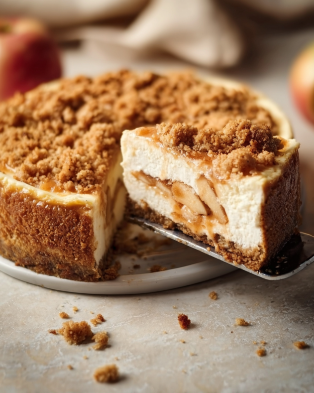 Apple Crumble Cheesecake Slice of creamy apple crumble cheesecake with a Biscoff crust, cinnamon-spiced apple filling, and buttery crumble topping on a serving plate.