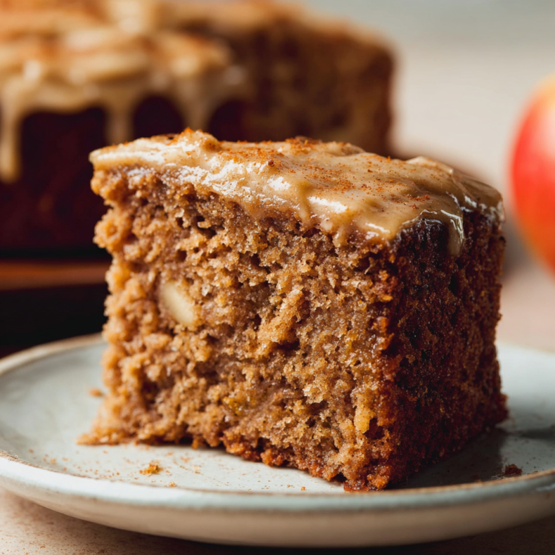 Slice of moist apple spice cake topped with a creamy cinnamon glaze, served on a plate with the rest of the cake in the background.