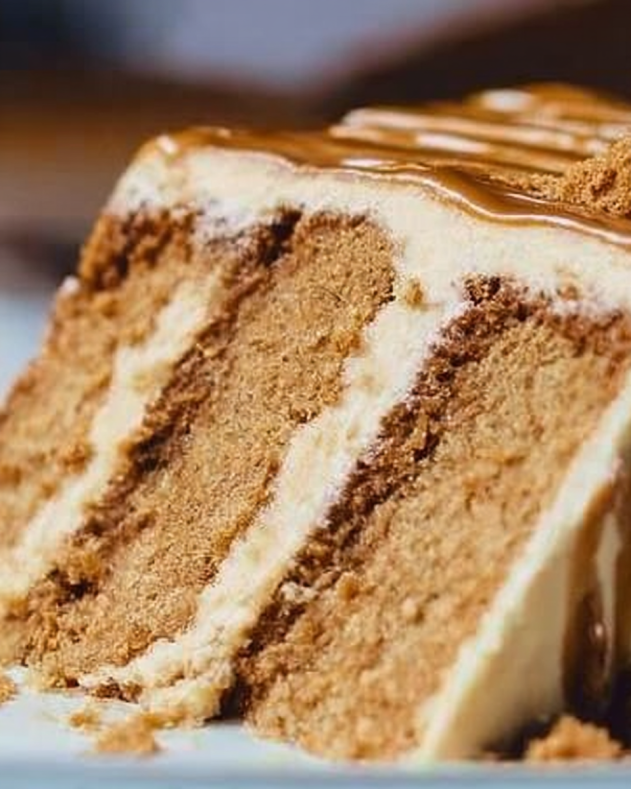 Slice of layered Biscoff cake featuring tender spiced cake, creamy frosting between each layer, and a glossy Biscoff spread drizzle on top, highlighting the cake’s moist texture and signature cookie flavor.​