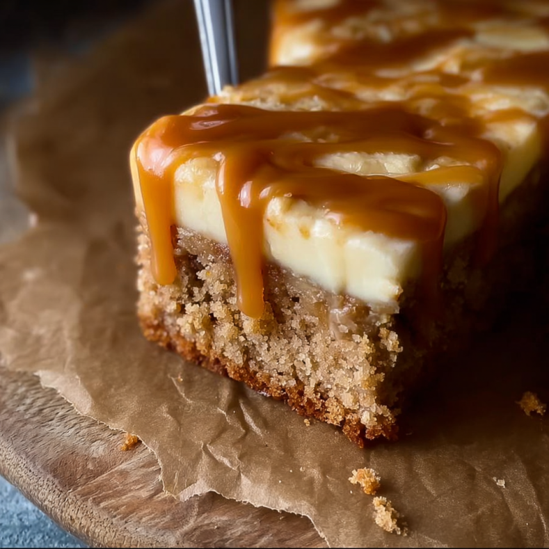 Caramel apple cake bar topped with creamy cheesecake layer and rich caramel drizzle, served on parchment paper.
