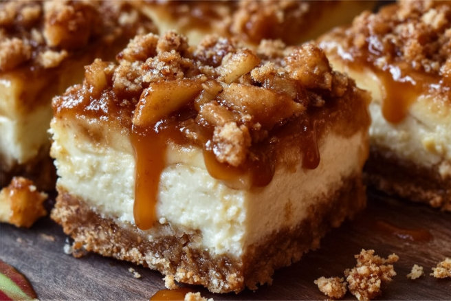Close-up of caramel apple cheesecake bars with a buttery graham crust, creamy cheesecake layer, spiced apple crumble topping, and gooey caramel drizzle.