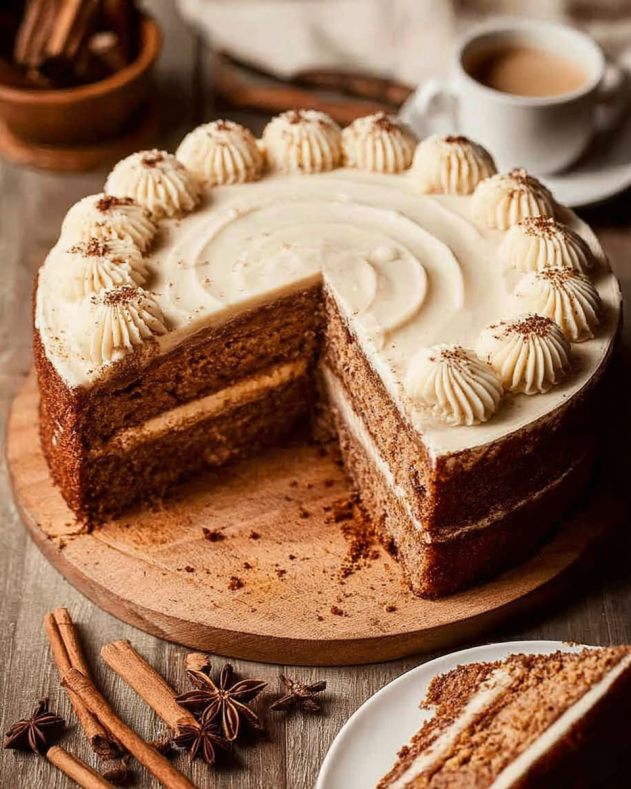 Chai-spiced layer cake topped with creamy frosting and decorative swirls, with one slice removed to reveal moist, spiced interior; cinnamon sticks and star anise displayed beside the cake for a cozy, autumn-inspired setting.
