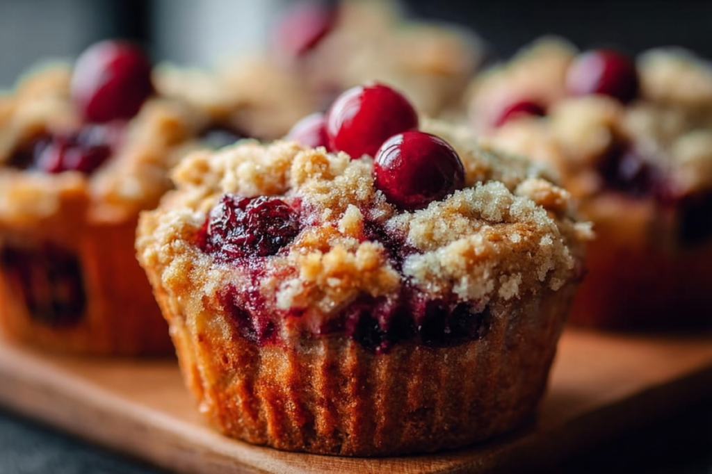 Cherry Cobbler Muffins topped with a golden, crumbly streusel and loaded with juicy cherries, displayed on a wooden board.