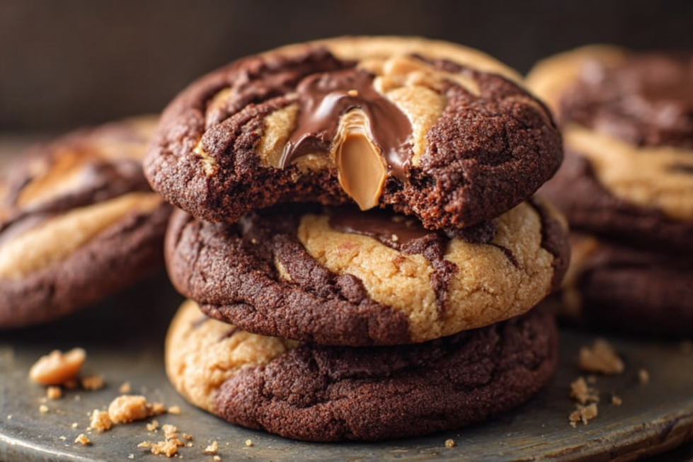 A stack of chocolate peanut butter swirl cookies, with one cookie revealing a gooey peanut butter center, showing a marbled pattern of chocolate and peanut butter dough.